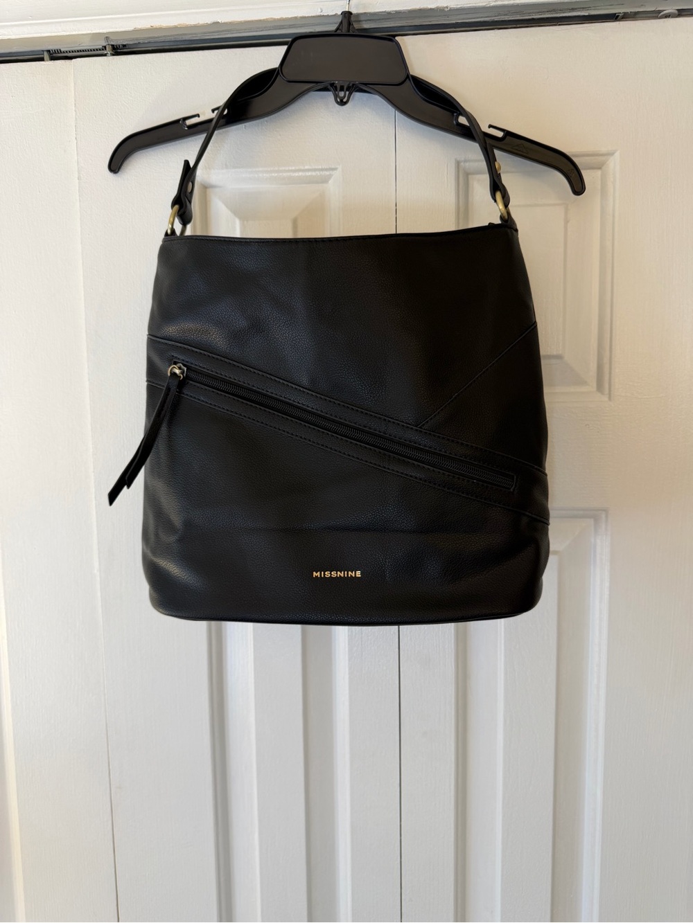 Black Leather Shoulder Bag with Angled Zip Detail